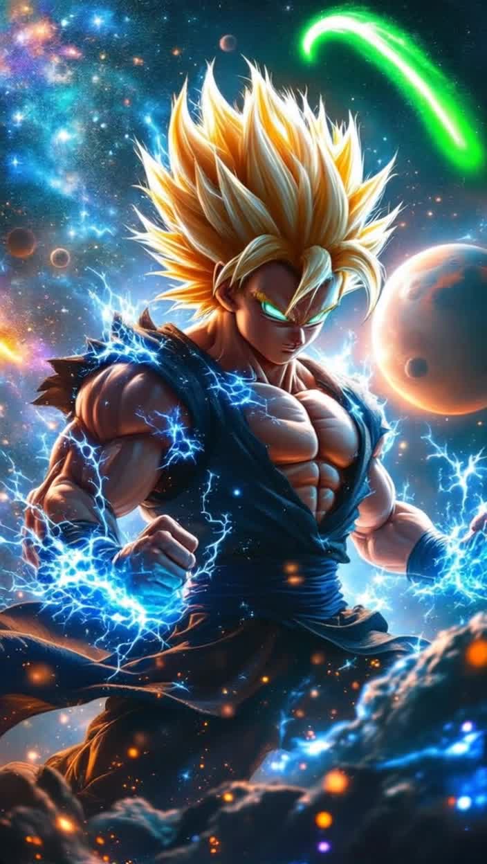 Super Saiyan warrior from 7th dimension with shimmering golden hair and muscular build emerges from swirling cosmic portal striking a powerful hero pose flexing toned muscles radiating vibrant atomic blue energy bursts Actionpacked scene with warrior surrounded by dazzling star clusters and a vibrant green comet streaking past Mars Background filled with shimmering galaxies nebulae glowing celestial bodies creating an otherworldly atmosphere