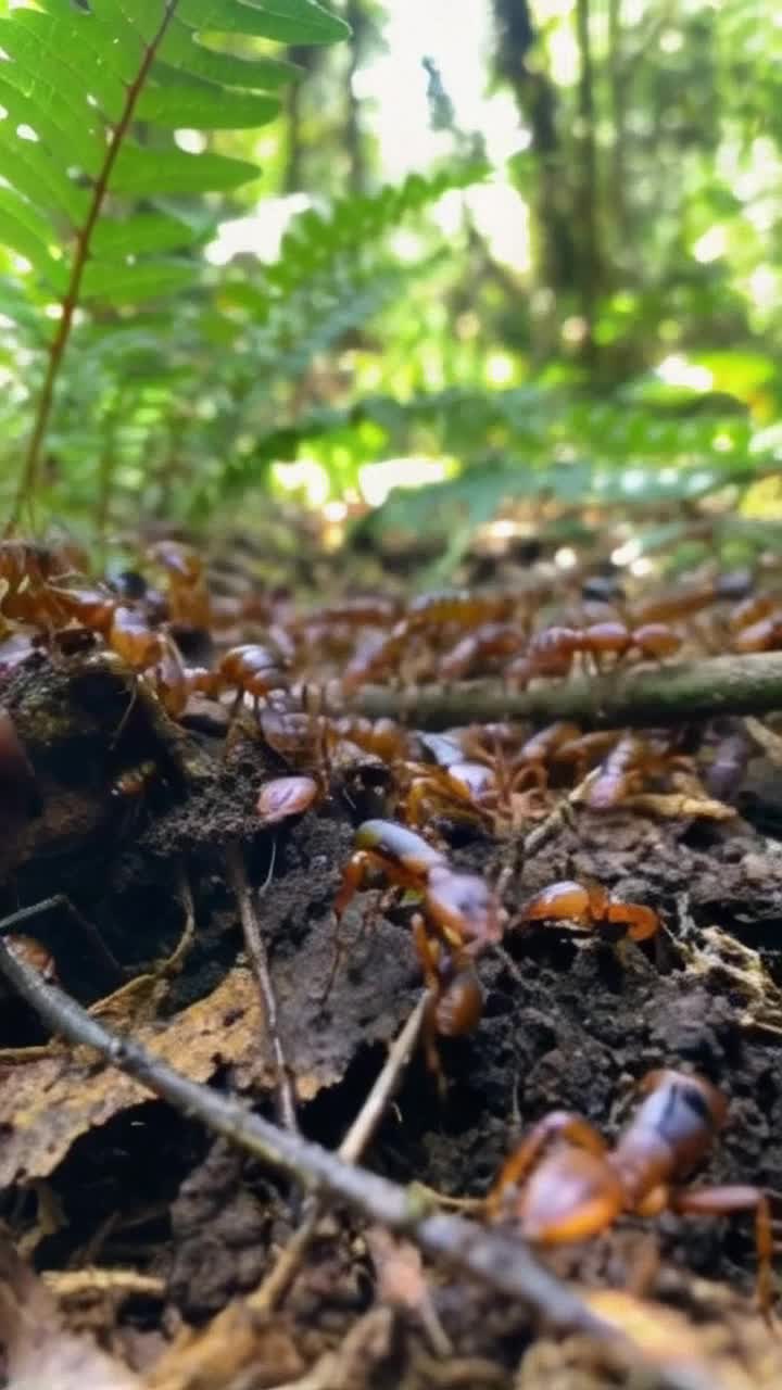 Swarming ants in vibrant shades of brown and black cascading in endless waves  Crawling briskly across a sundrenched forest floor stirring dirt and leaves  Surrounded by towering green ferns and dappled sunlight filtering through the canopy