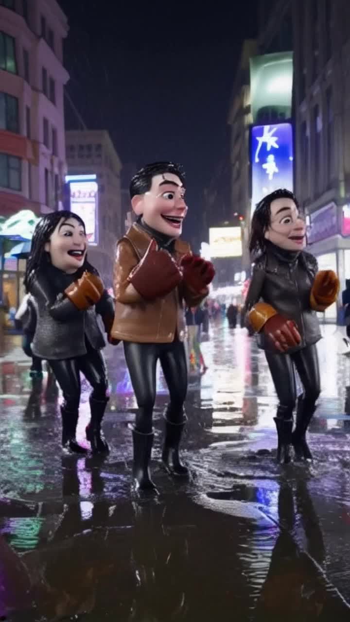Vibrant 3D cartoon characters dressed in playful brown leather fingerless gloves and sturdy black boots splash joyfully through shimmering puddles shimmering raindrops drench their bright colors Characters with exaggerated features laugh and dance showcasing their unique styles while wet hair clings playfully to their faces Surrounding them a lively city street glistens after a recent downpour neon signs reflect in the water creating a whimsical atmosphere Colorful umbrellas bob above as passersby curiously glance enjoying this cheerful display of energy and fun 
