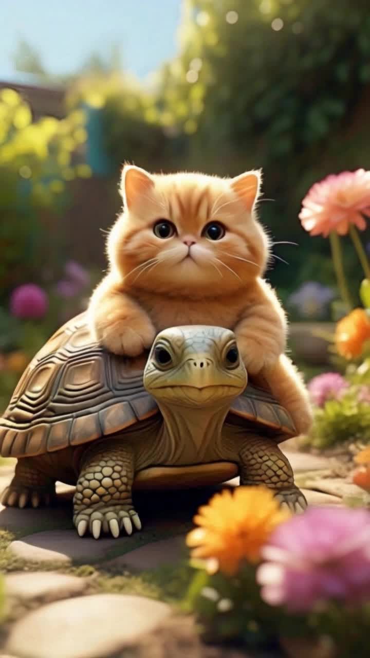 Adorable fluffy orange kitten perched playfully atop a tiny whimsical turtle Daringly exploring its surroundings with wide curious eyes Sunlight filters through lush green leaves casting gentle shadows across vibrant flower beds Soft sounds of nature surround this enchanting garden scene Captivating cinematic quality immerses viewers in this delightful moment