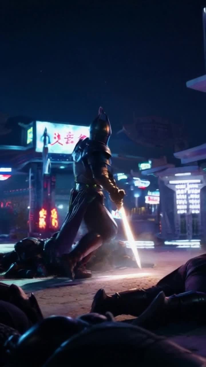 Fierce warrior clad in shimmering armor bursting with vibrant energy soaring through a chaotic swarm of shadowy foes carving a luminous path with each powerful strike unleashing waves of radiant shockwaves that illuminate dark alleyways and reflect off gleaming neon signs nearby flickering in a backdrop of urban warfare pulsating sounds of distant clashes echoing off towering skyscrapers filled with tension and anticipation