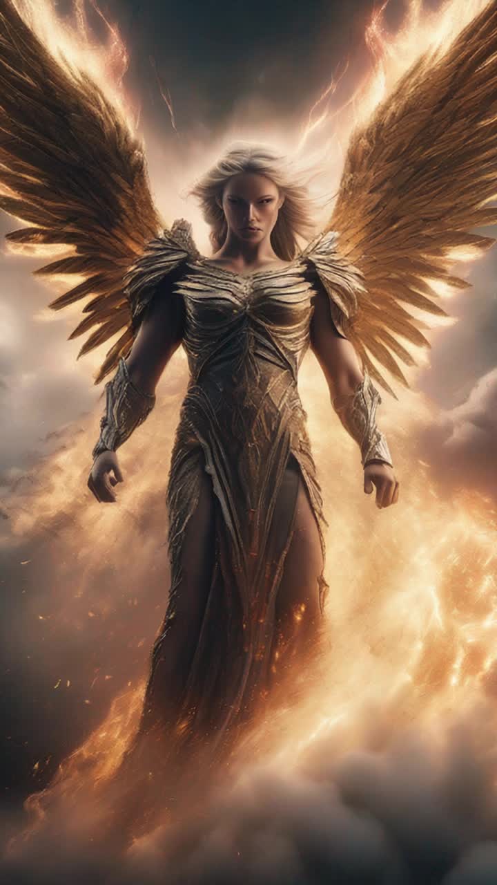 Majestic angel of destruction with radiant wings unfurled plunges toward earth channeling chaos with a deafening roar guardians standing firm with resolute expressions bracing for conflict sparks of determination igniting in their fierce eyes battle unfolds beneath a tempestuous sky swirling clouds darkened by impending clash radiant light battling shadows creating a mesmerizing display of power and conflict ground shaking with the force of their confrontation swirling debris illuminated by flashes of energy as ancient forces collide echoing through the air