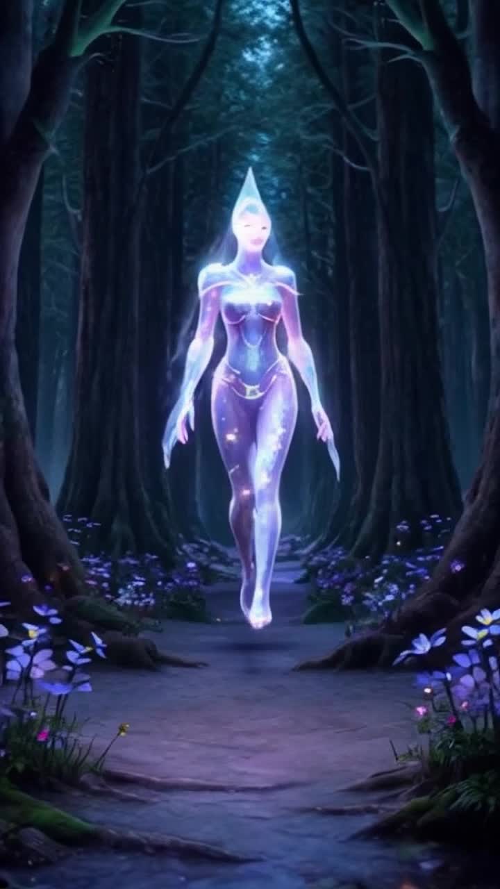 dyonbenson69gmailcomRadiant humanoid figure named Dyon exuding a mystical aura swathed in shimmering ethereal light gliding gracefully through an enchanting forest adorned with luminescent flowers and towering ancient trees bathed in soft twilight hues