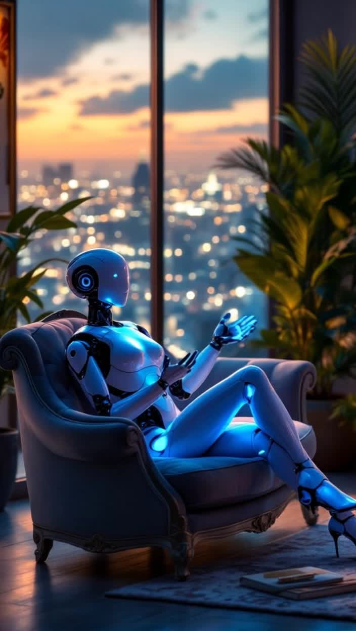 Sleek humanoid robot Aria with luminescent features reclining gracefully on an elegant vintage couch upholstered in soft velvet Engagingly gestures with fluid movements while passionately delivering a compelling pitch to captivated investors Brightly lit modern office adorned with lush indoor plants and artistic wall decor enhances atmosphere of innovation Floortoceiling windows reveal a panoramic city skyline shimmering under the dusk sky, creating a dynamic backdrop filled with energy and opportunity