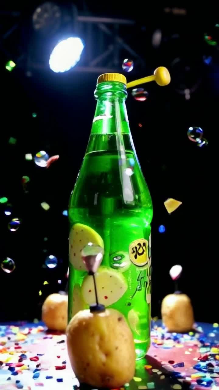 Lively bright green bottle adorned with whimsical potato imagery twirls energetically while belting catchy tunes Playful fizzy bubbles pop joyfully as the bottle sways back and forth Cheerful confetti spirals through the air creating a festive atmosphere Vibrant disco lights flash in a kaleidoscope of colors illuminating a whimsical stage resembling a potato farm paradise Juicy potatoes adorned with tiny top hats join in the fun, grooving alongside Musical notes dance around in the air as laughter echoes from nearby animated garden characters The scene bursts with energy and merriment, inviting everyone to join in the spirited celebration
