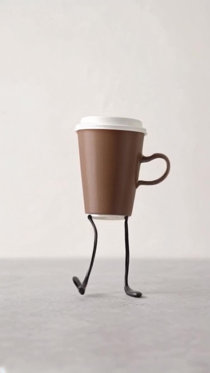 A coffee cup has legs and is happily dancing