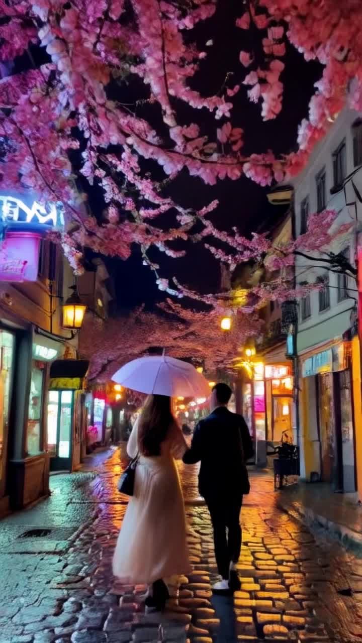 Glowing neon signs reflecting off cobblestone streets vibrant cherry blossoms swaying softly in the breeze two umbrellas twirling intertwined in rhythm vibrant raindrops cascading from rooftops lanterns illuminating hidden alleyways steam rising from street food stalls enchanting melodies flowing from nearby cafes a couple in love 