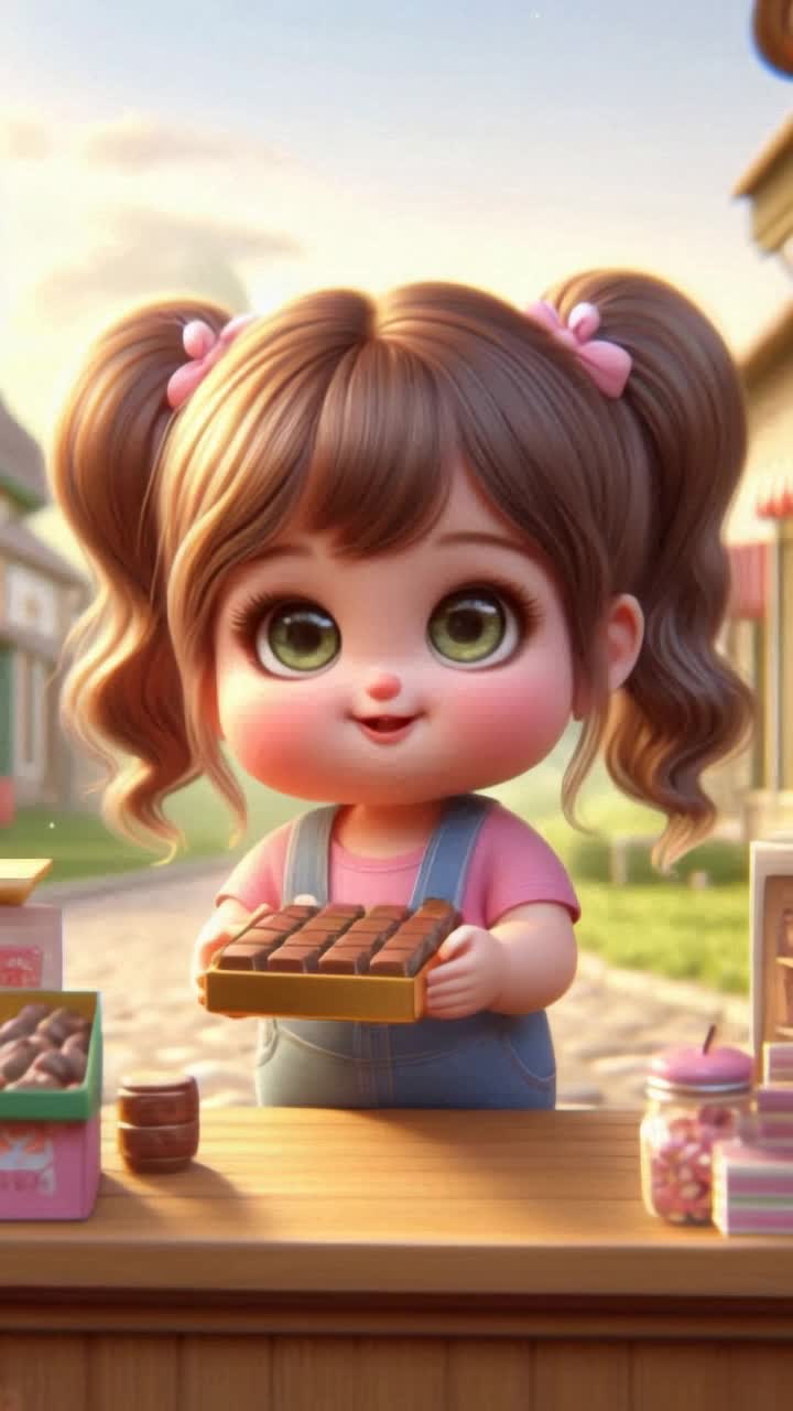 A cute chubby baby girl with pigtails, wearing pink tshirt and blue denim overalls, standing at a small candy shop counter, holding a shiny chocolate box with both hands, her eyes sparkling with happiness, green village background, warm sunlight, soft pastel colors, ultrarealistic, 3D cartoon style