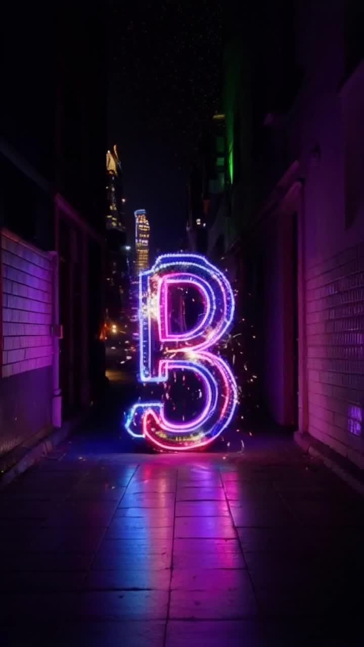 Glowing neon letter R pulsates with vibrant energy Colors shift and swirl around the letter as it dances Playful sparks erupt from the edges illuminating a dark urban alleyway Nighttime city skyline looms in background with twinkling lights creating a dynamic contrast