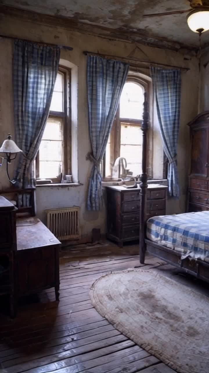 An interior of an old fashioned room of a hotel frim the 1870s The room is decrepit and aged and full of dust and cobwebs The old fashioned window panes are dull from the sun there are dirty torn faded blue and white checkered curtains the floors are aged weathered wooden floors There is a creaky looking metal four poster bed with a dirty faded blue and cream colored striped mattress with thin stripes there is a warped old wooden dresser the dresser has marble knobs and with an old fashioned clear kerosene lamp on top of it There is once beautiful large wooden armoire that is hanging open There is an old oval faded woven rag rug on the floor