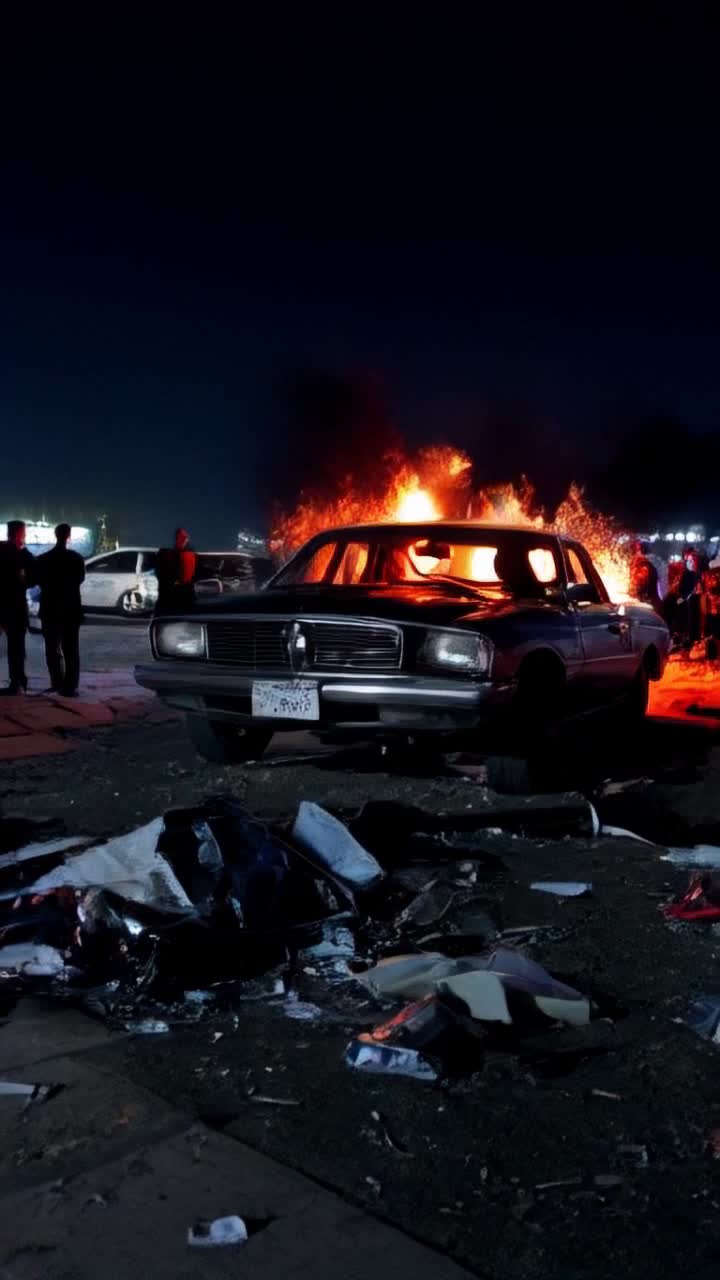 Classic Ford Pinto crumpling in fiery explosion Radiant fireballs soaring into darkened sky onlookers frozen in shock amidst chaos shattered glass and twisted metal illuminating night with orange glow