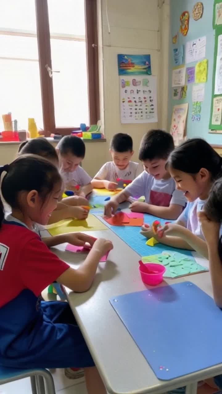 Energetic students experimenting with colorful materials joyfully exploring geometric shapes keeping laughter alive with shared discoveries. Hands twist and pinch vibrant playdough and craft supplies molding abstract forms sparking creativity and enthusiasm. Brightly decorated classroom filled with inspiring posters and playful artwork sunlight streaming through large windows creating a warm inviting atmosphere where learning becomes an exciting adventure