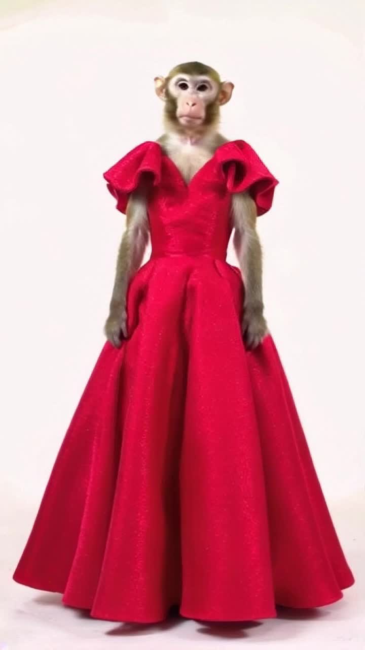 Monkey dressing up wearing full covered red gown flaunting gown flare