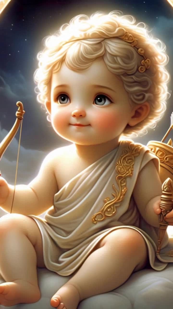 ARTEMIS in this image , moves smiles and shows her weapons to other Greek gods , image zoom in to show many Greek gods surrounding this baby Artemis cheering her