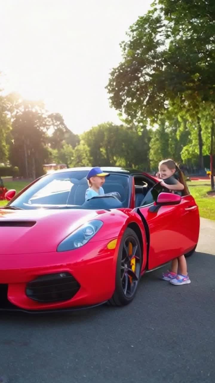 Vibrant red sports car halts gracefully on sunkissed asphalt two excited children step out one boy with tousled brown hair wearing a bright cap one girl with flowing ponytail in a colorful dress they exchange eager smiles before extending their hands in a friendly shake sparkling sunlight casts playful reflections off the car chrome surrounding lush green trees sway gently in a warm breeze distant laughter from a nearby playground adds a whimsical atmosphere