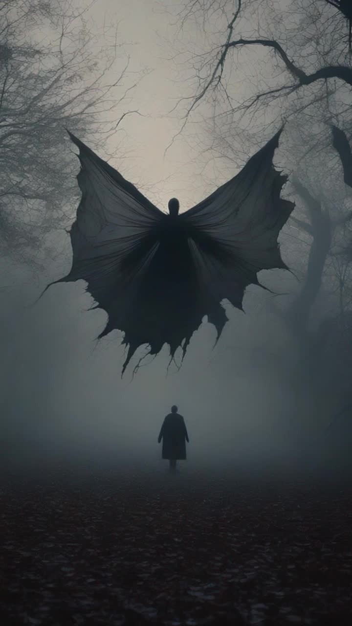 A lone figure suspended in mid-air hovering tense with wide eyes a sinister demon lurking below shrouded in darkness radiating malevolent energy pulsating ominously shadows twisting around its form. Rustling leaves whispering secrets in the eerie silence moonlight casting an ethereal glow illuminating the tension in the scene as the figure prepares to confront the lurking threat