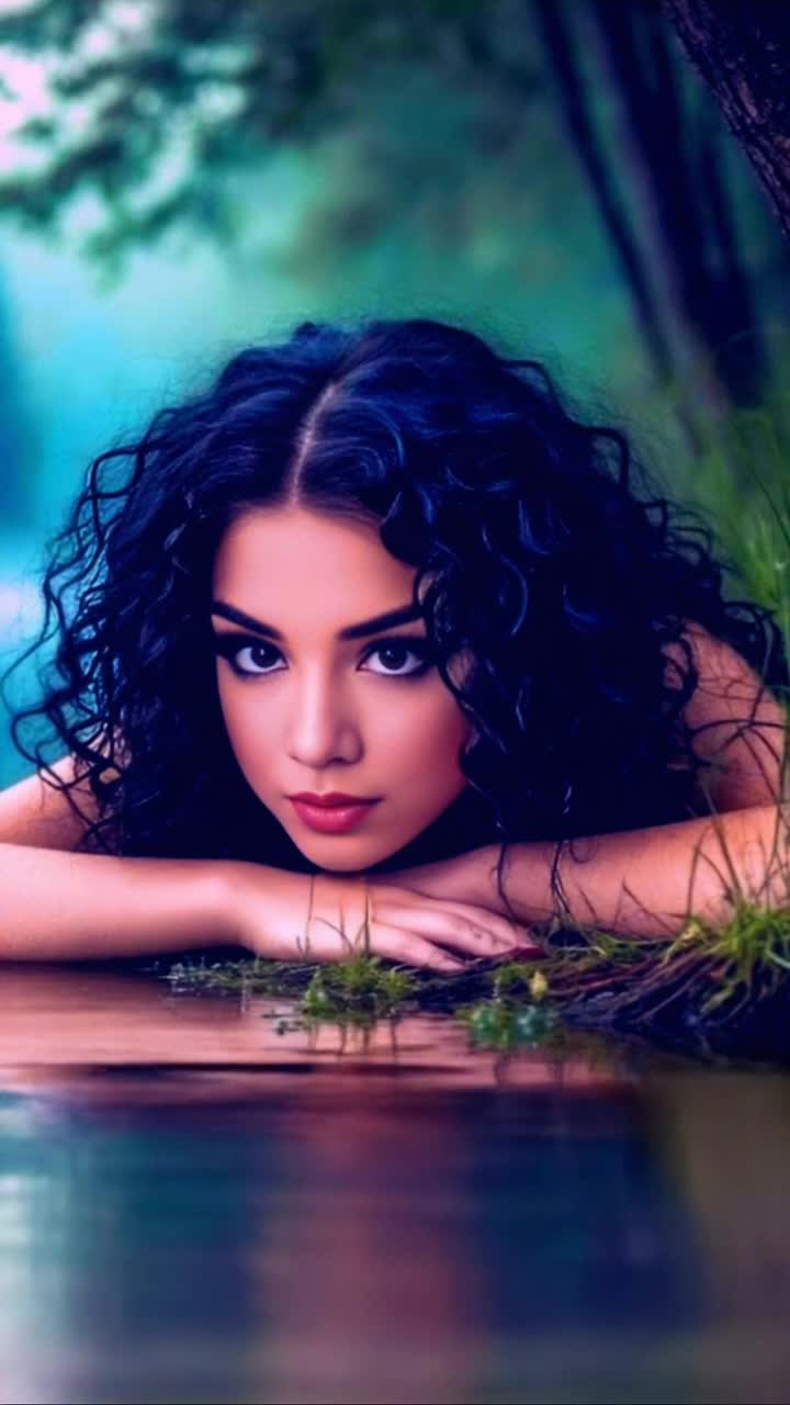 Radiant graceful woman draped in flowing silk laying on her stomach gazing intently into a shimmering pond surrounded by lush greenery and delicate wildflowers reflecting soft sunlight illuminating ripples of water dancing with life wisps of hair gently brushing her face whispers of a gentle breeze evoking tranquility and serenity
