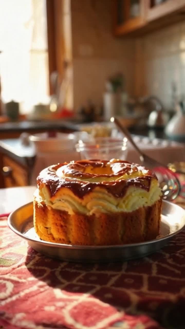 Delicate bundt cake adorned with intricate swirls glistening under warm light mixing vibrant batter in a glossy bowl pouring mixture into a beautiful fluted pan surrounded by colorful ingredients fresh eggs flour sugar butter in a cozy kitchen filled with laughter and soft music whisking ingredients creates a gentle cloud of flour enticing aromas wafting through air as cake bakes in oven golden crust forming while vibrant decorations await to add final touches inviting setting with patterned tablecloth and warm sunlight filtering through window creating a dreamy atmosphere for deliciousness to unfold