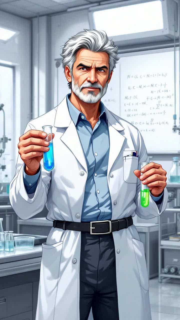 Grey haired hispanic man in his 50s in a lab coat holding test tubes