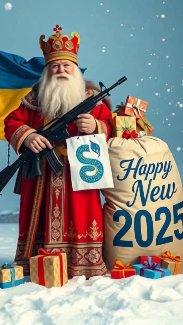 A cinematic shot of St Nicholas with a yellowblue flag of Ukraine in the background St Nicholas has a large white beard and a traditional headdress He holds a machine gun in one hand and a full sack of presents in the other The gifts are spread out on the snow next to St Nicholas On the ground covered with snow, one can see footprints leading to St Nicholas Snow is falling, and snowflakes are swirling in the air On the bag is an image of a blue snake, the symbol of the year 2025, and the inscription Happy New Year