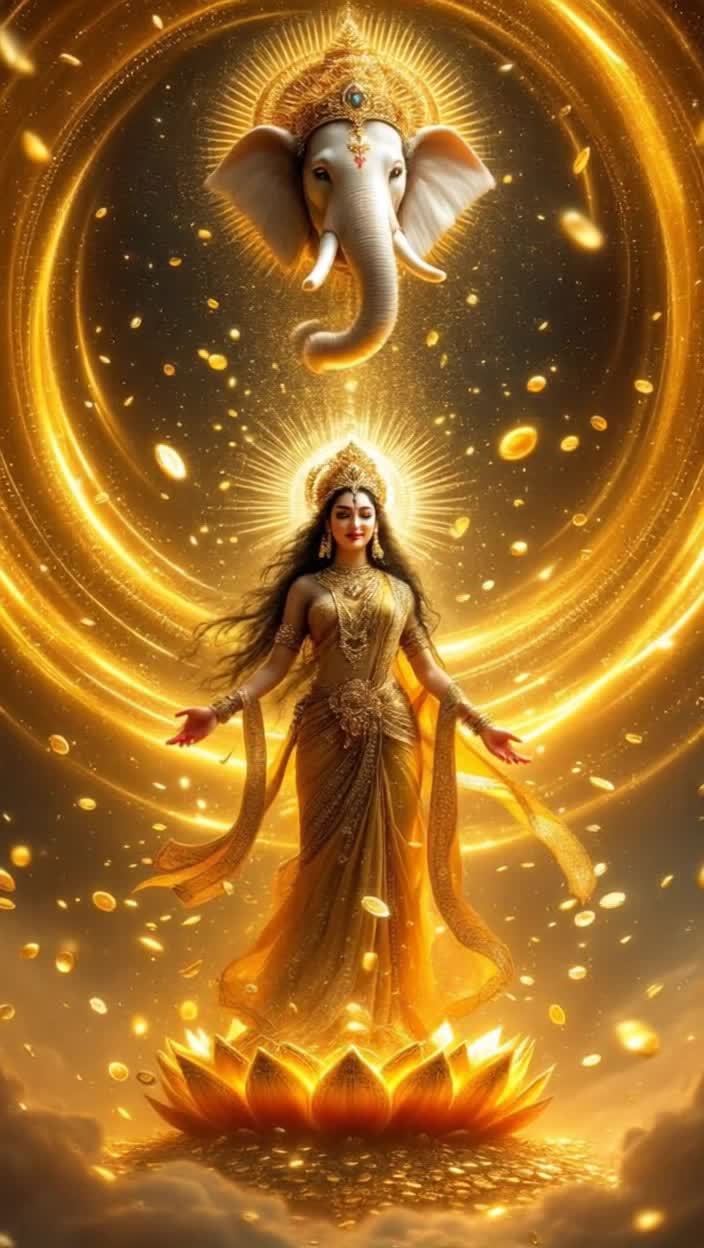 Goddess Mahalakshmi radiates opulence and grace as she emerges from a swirling vortex of golden light in an infinite cosmic space Ethereal veena melodies fill the air while a giant, shimmering golden lotus throne reveals itself adorned with floating gold coins and gleaming pearls With an enchanting presence, she rises wearing a resplendent sari embellished with intricate gold zari, her flowing hair crowned with exquisite flowers and a brilliant golden crown Coins cascade like shimmering rain from her hands, transforming into a dazzling display of gems and diamonds as the majestic Airavata showers purity above