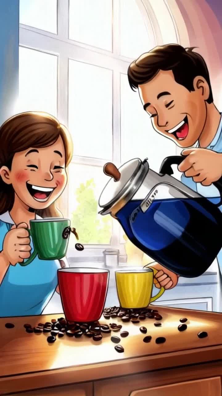 Colorful comic featuring cheerful characters smiling with a large jug of steaming hot water pouring into vibrant mugs Friends excitedly discussing adding coffee beans for extra flavor Dynamic kitchen scene filled with sunlight streaming through bright windows cozy atmosphere enhanced by aromatic coffee wafting through the air playful illustrations of coffee beans bouncing around on countertops
