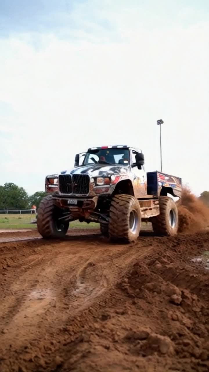 A chrome plated monster truck being driven by a smiling Babadook tears up the muddy dirt as it accelerates towards a dirt ramp to jump into the air over a line of vehicles, the truck tires fling dirt and mud in their wake while leaving behind a gouge in the dirt, Babadook fist pumps in victory out the side window, a beautiful woman in a swimsuit is officiating the event while walking in the mud 
