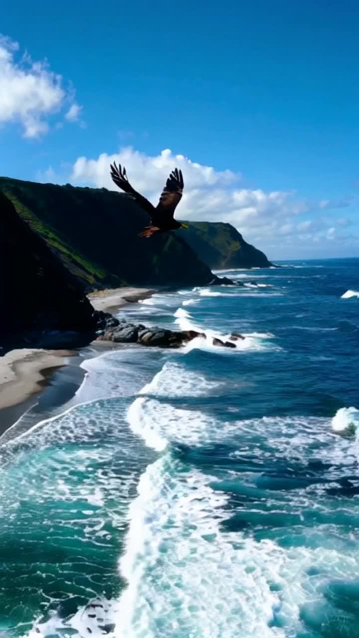 Majestic eagle soaring gracefully over tumultuous ocean waves crashing powerfully against sunlit shores Beneath vibrant blue sky dotted with fluffy white clouds Waves swell and retreat creating a dynamic rhythm of natures heartbeat Ocean foam glistens in sunlight as it dances along sandy beach Surrounding cliffs rise steeply adorned with lush greenery offering a breathtaking contrast to the deep blue waves Serenity of the scene interrupted only by the eagles piercing call echoing through the air creating an exhilarating sense of freedom and wild beauty
