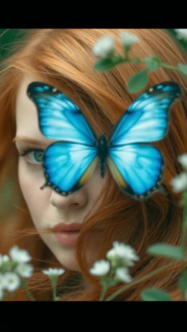 A beautiful red head woman, looking into camera as wind gently blows her hair, a beautiful blue butterfly flys into frame landing on her head,then flexes its wings after landing 