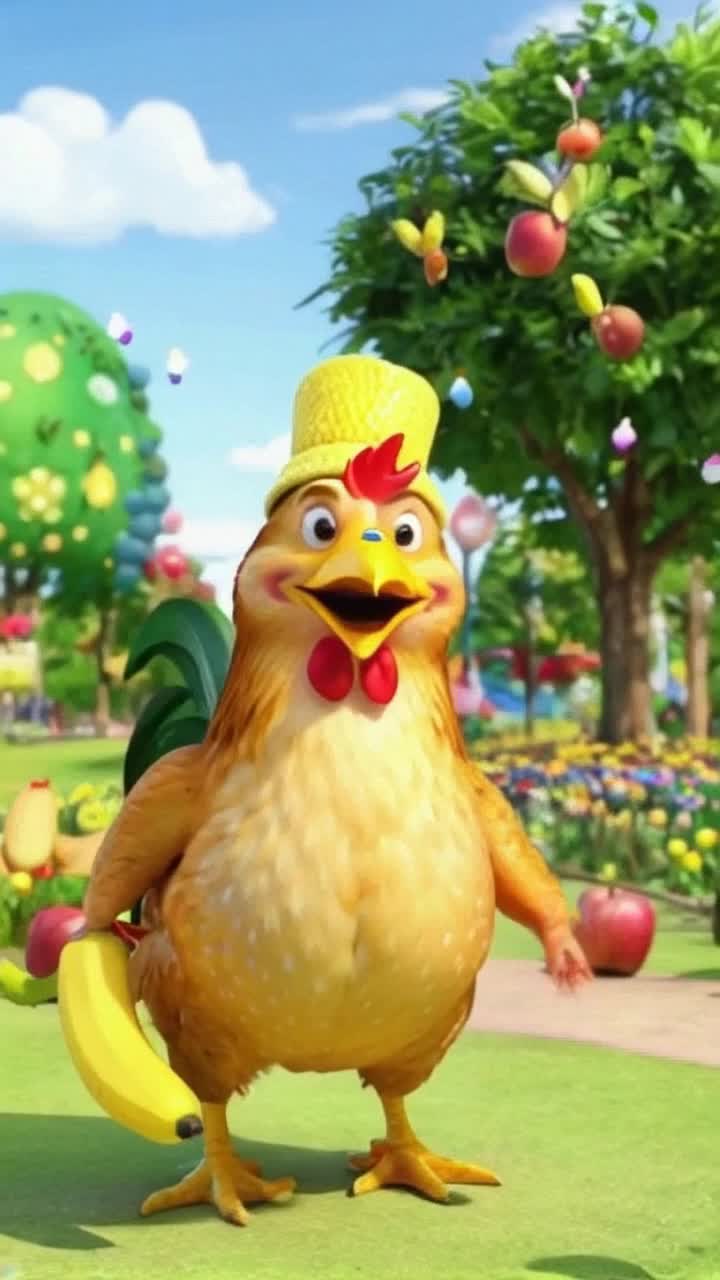 Colorful cartoon chicken dancing energetically with oversized banana props surrounded by cheerful animated fruits bouncing to a catchy TikTok tune vibrant swirling patterns in a sunny park filled with lively trees and colorful flowers playful music notes floating in the air