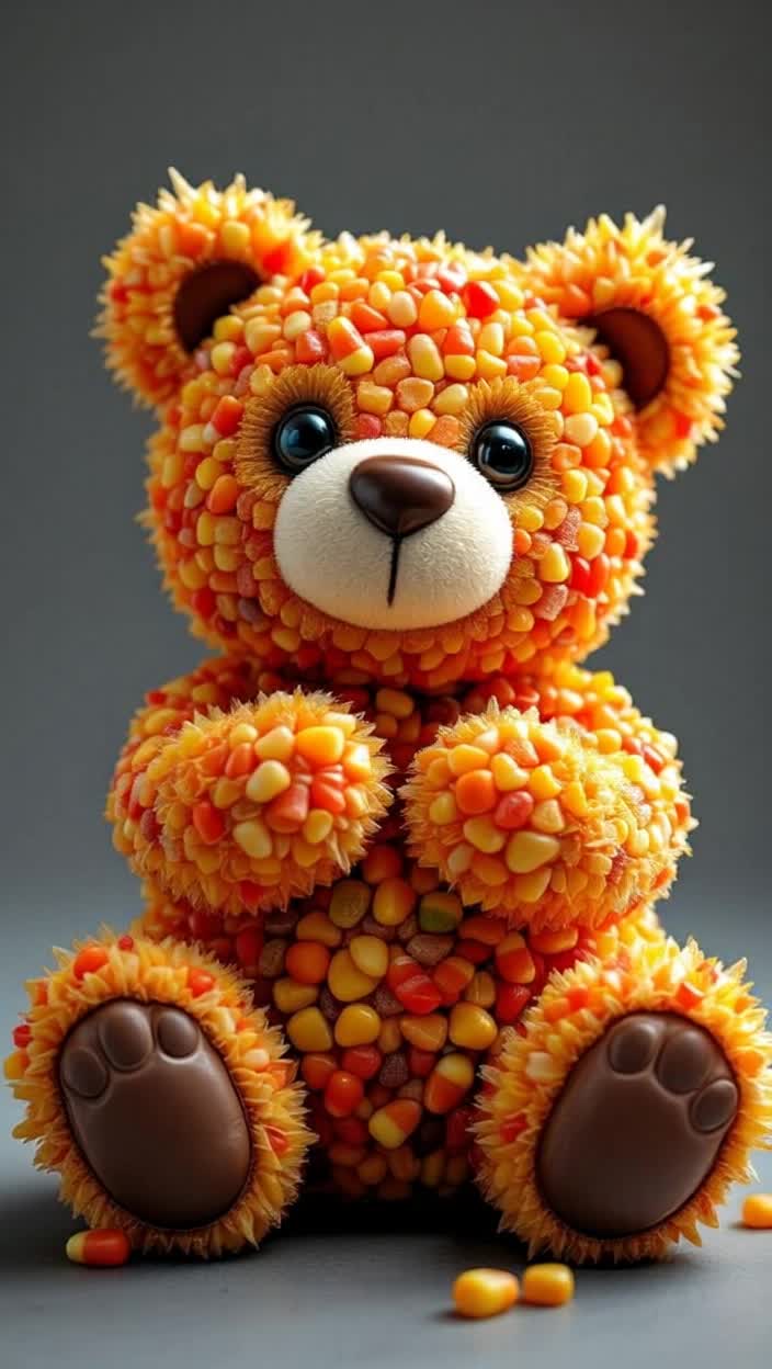 A teddy bear made entirely out of popular candies