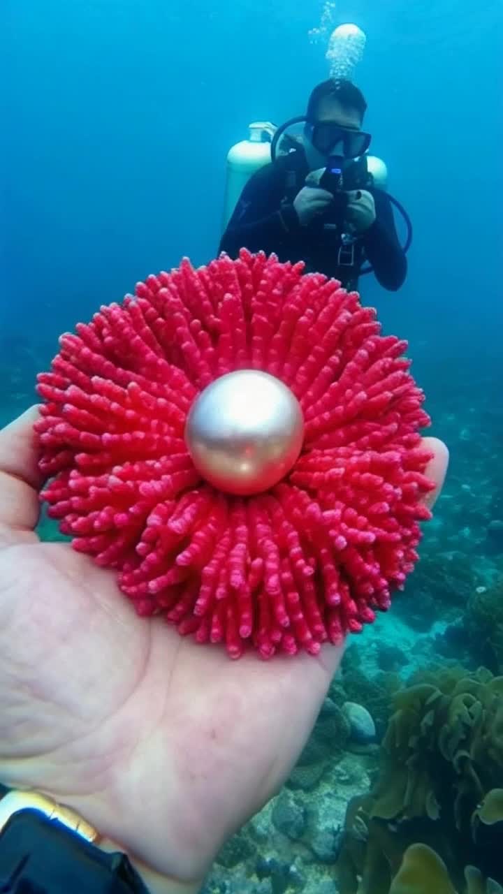 Diver finds an amazing pearl near reddark coral