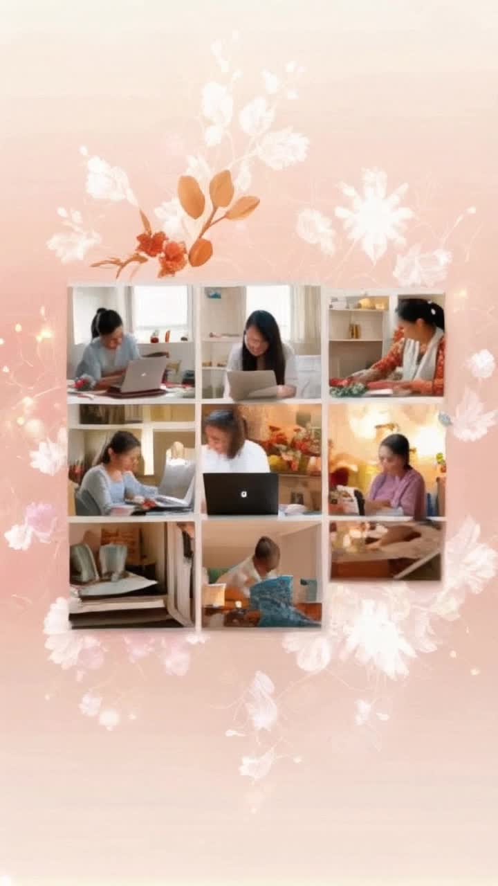 A heartfelt digital collage showing the many roles of a hardworking mother, cooking, cleaning, working on a laptop, caring for children, helping with homework, and comforting a child Each scene is blended together with soft transitions and warm lighting The background features subtle floral patterns and glowing elements symbolizing love and sacrifice
