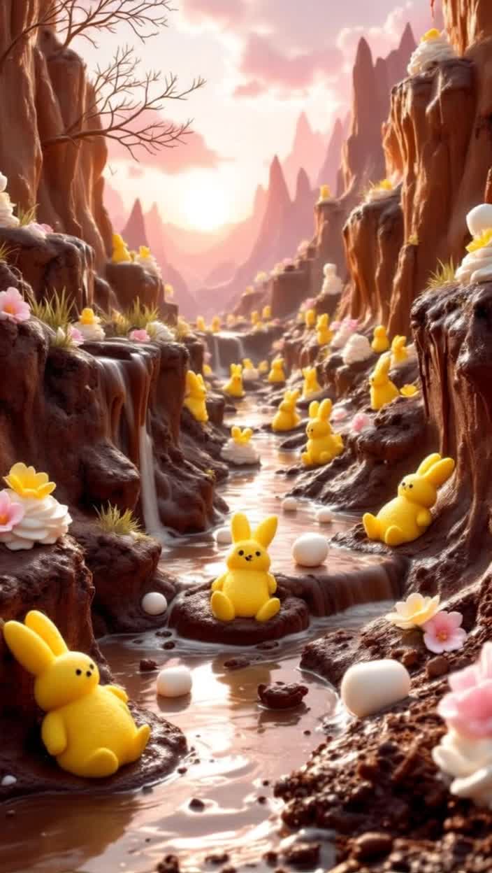 A thick dark chocolate river flows over a caramel chocolate ridge of canyon as a chocolate waterfall near a hot French vanilla coffee spring magically blending a sweet white whip creamy froth and blending into a rich dark mocha ground, a pink cherry lemondrop sunrise wakes sleepy yellow marshmallow peeps bunnies to hop to their candy flower cupcakes breakfasts to eat the candy flowers off the cupcakes with grass icings  Did a peep bunny fall into the chocolate river or did it hop into the warm melted chocolate as its own hot tub, a big smile on the bunny face as another bunny tosses a manageable white regular marshmallow as a ball