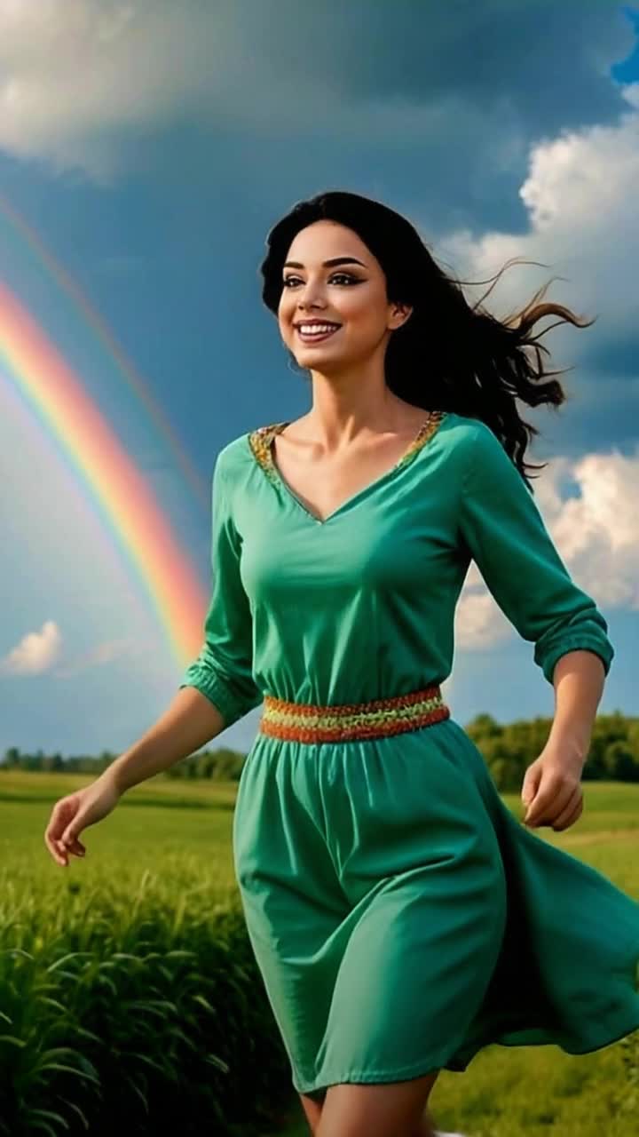 Elegant woman in flowing sundress dashing through vibrant green field with wildflowers dancing around her feet  Sunlight streaming through fluffy clouds illuminating a stunning rainbow arching across the sky  Gentle breeze tousling her hair as she radiates joy amidst natures splendor