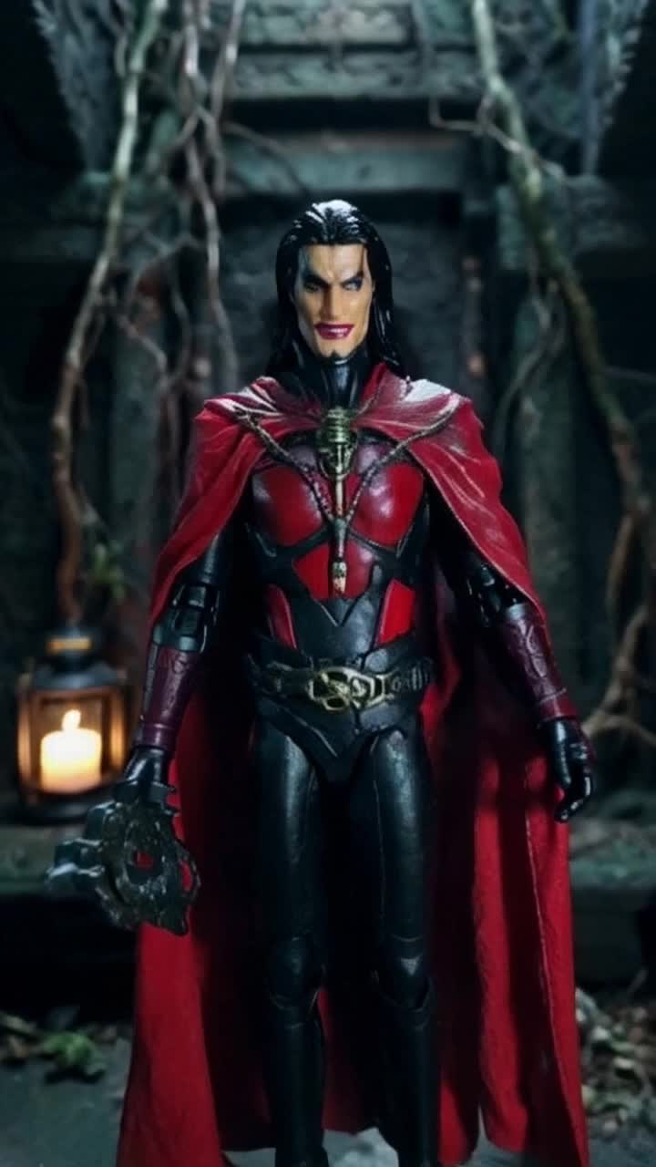  Bright action figure of the Angel of Death with a devilish smile closeup, masterpiece 135, ready for adventure, holds a mysterious artifact sign, typography, gothic font, red and black color highway 666 that glows, the background of an ancient temple shrouded in fog, vines creeping up weathered stone walls, soft lantern light flickering in the shadows, hints of danger lurking nearby Hyperdetailed, uniquely visually engaging and emotionally resonant digital