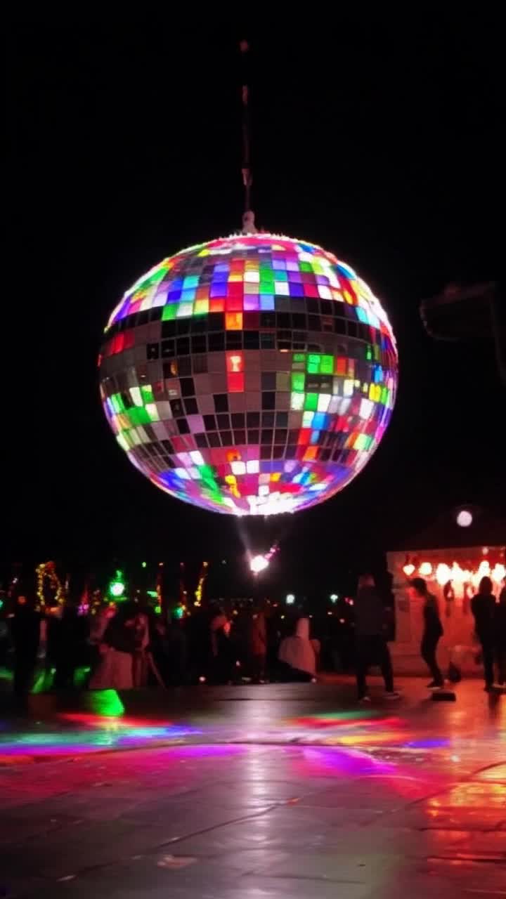 Shimmering disco ball swirling with vibrant reflections of colorful lights, energetic crowd of partygoers twirling and swaying in carefree exuberance, pulsating dance floor radiating warmth as flames illuminate the atmosphere with a fiery glow