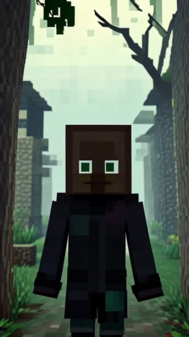 Dont look away, terrified Minecraft Villager, haunted forest, 