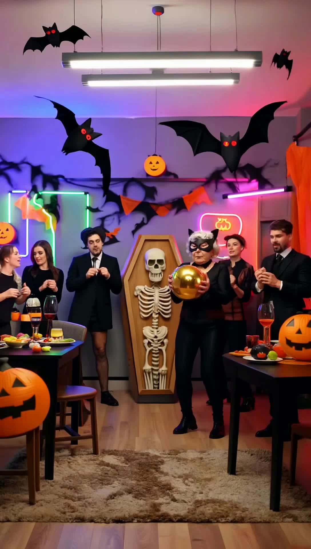 A Halloween party in a big living room with decorations of realistic rubber bats hanging from the ceiling, eyes glowing red and wings flap slow and mechanically but they look good and expensive and make little squeaking sounds, the regular lighting is dim with bright blacklights and neon colors slowly flickering in soft fades, a real size skeleton is in a real looking casket propped in the entryway corner next to a small table holding large bowl of mixed candy for trick or treaters, costumed guests arrive as monster mash is playing, theres a mummy getting punch from a bowl on the snake table near the kitchen as a fake cop stares with arms folded, a woman dressed as as pretty witch sets a tray of candied apples near the caramel balls, someone is wearing foiled boxes dancing the robot, a couple of gray aliens stand still but wave glow sticks, an older woman that looks like Turbo Granny is in a quality version of the Asian white good luck catsuit and she even holds a gold ball in her hand, some children dressed as R2d2 and an ewok come in to get some candy and leave as a real ghost enters the party