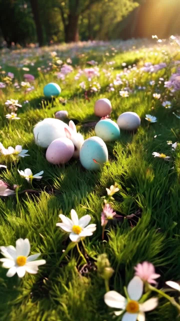 Colorful pastel eggs scattered across velvety green grass Tiny cracks forming as eggs burst open Fluffy baby bunnies emerging with soft white fur twitching noses Surrounded by vibrant wildflowers blooming under golden sunlight streaming through leafy branches A gentle breeze rustling leaves creating a magical atmosphere of springtime bliss