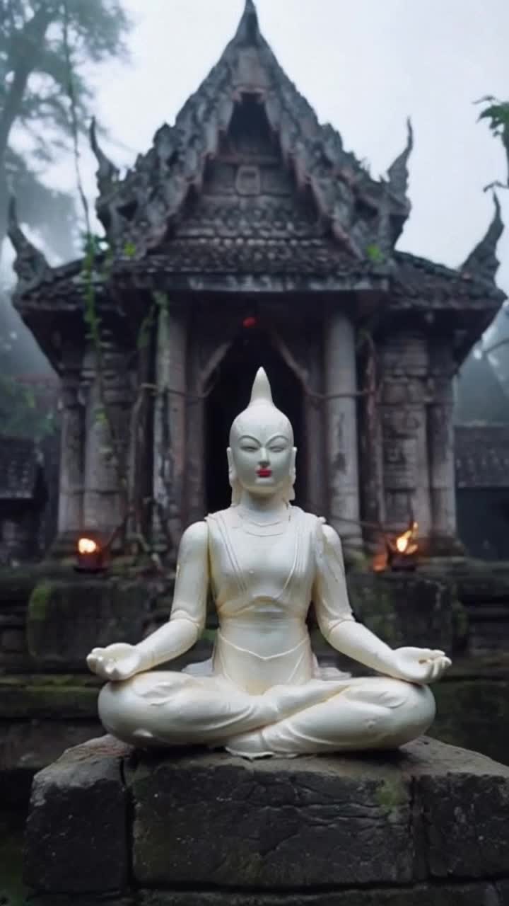  The bright action figure is vintage ivory, seated in a lotus position closeup, masterpiece 135, reaching out his hands towards the glowing rising sun, the backdrop of an ancient temple shrouded in mist, vines creeping up weathered stone walls, soft lantern light flickering in the shadows, hints of danger lurking nearby Hyperdetailed, uniquely visually captivating and emotionally resonant digital