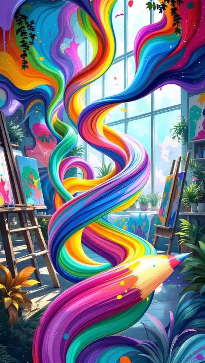 Colorful pencils in various sizes shift and twist into whimsical shapes as they unravel into vibrant sketches Spiraling lines dance across a textured paper canvas infused with bursts of color swirling backgrounds of a dreamy art studio filled with paint splatters vibrant canvases and soft sunlight filtering through large windows
