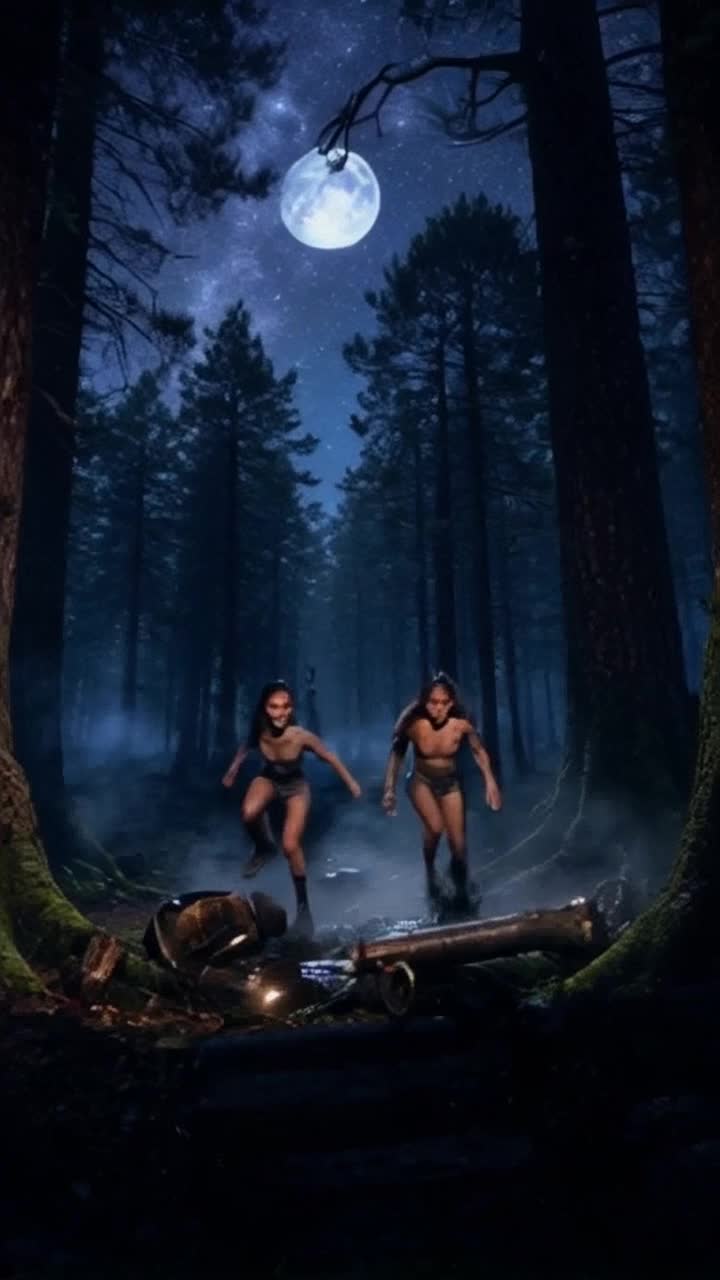 Twins with striking features illuminated by moonlight glinting off metal objects leap in perfect harmony dodging hidden snares crafted by unseen hunters dark shadows lurking in the dense forest surrounding them ancient trees whispering secrets under a star-studded sky mist curling around their feet creating an ethereal atmosphere full of tension