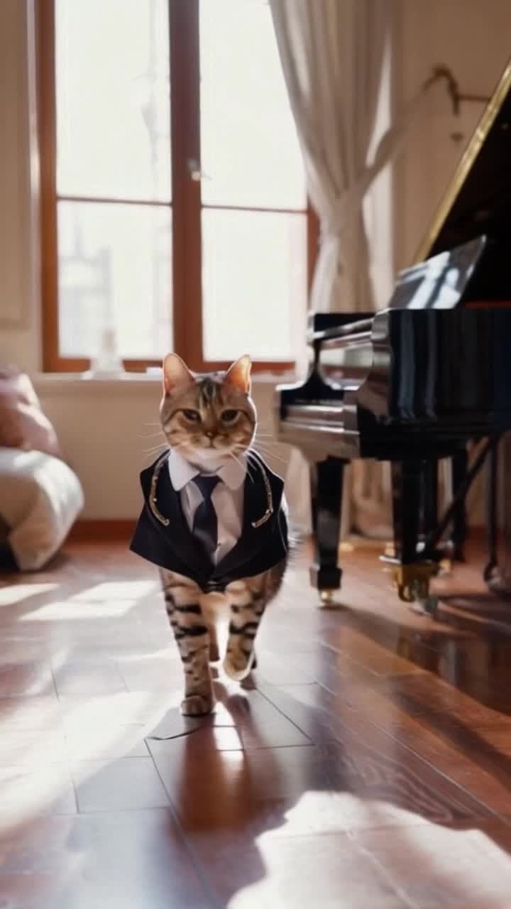 Whimsical feline donning a tailored uniform with shiny buttons and a miniature tie struts confidently across a polished wooden floor radiating charisma and charm Sunlight filters through large bay windows casting playful shadows that dance around the room Soft classical music plays in the background enhancing the sophisticated atmosphere filled with plush cushions and elegant decor