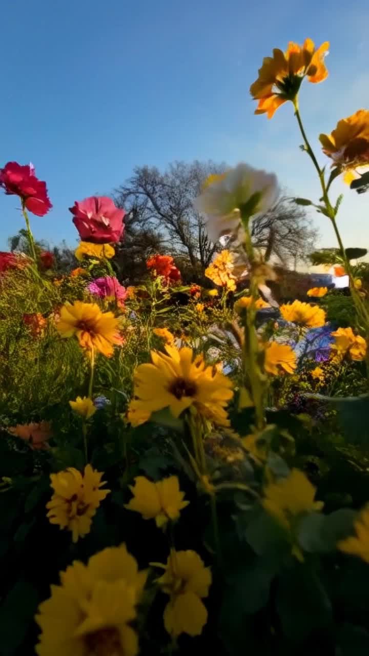 Vibrant colorful flowers in full bloom swaying gently with warm summer breezes delicate snowflakes cascading down blanketing ground in soft white gradual morphing from lively growth to serene stillness as seasonal change unfolds in harmonious flow sunlit gardens transition to tranquil snowy landscapes under softly glowing winter sky timelapse reveals enchanting journey of natures cycle capturing fleeting moments of beauty inviting viewers to witness everchanging magic of life