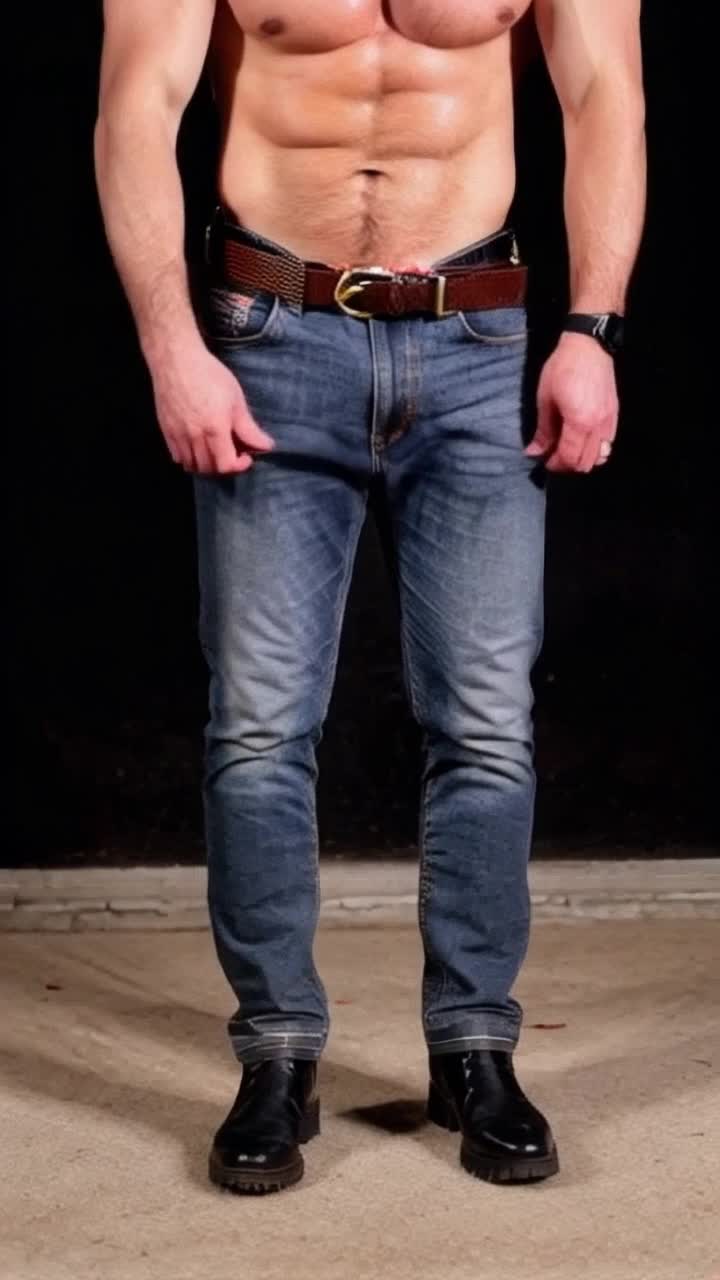 A man standing 114 inches wearing only jeans, black timberland boots and a woven belt rips his own heart of his chest and takes a bite