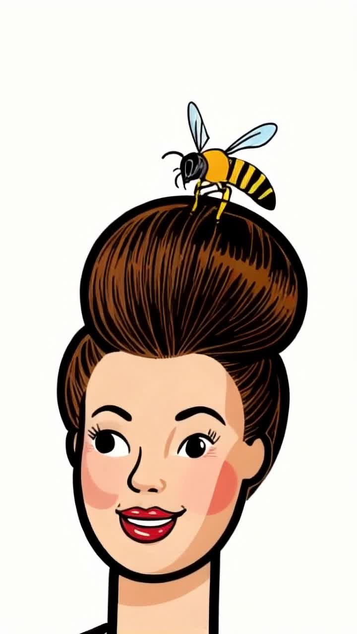 Beehive hair style woman with big cartoon bee landing in hair