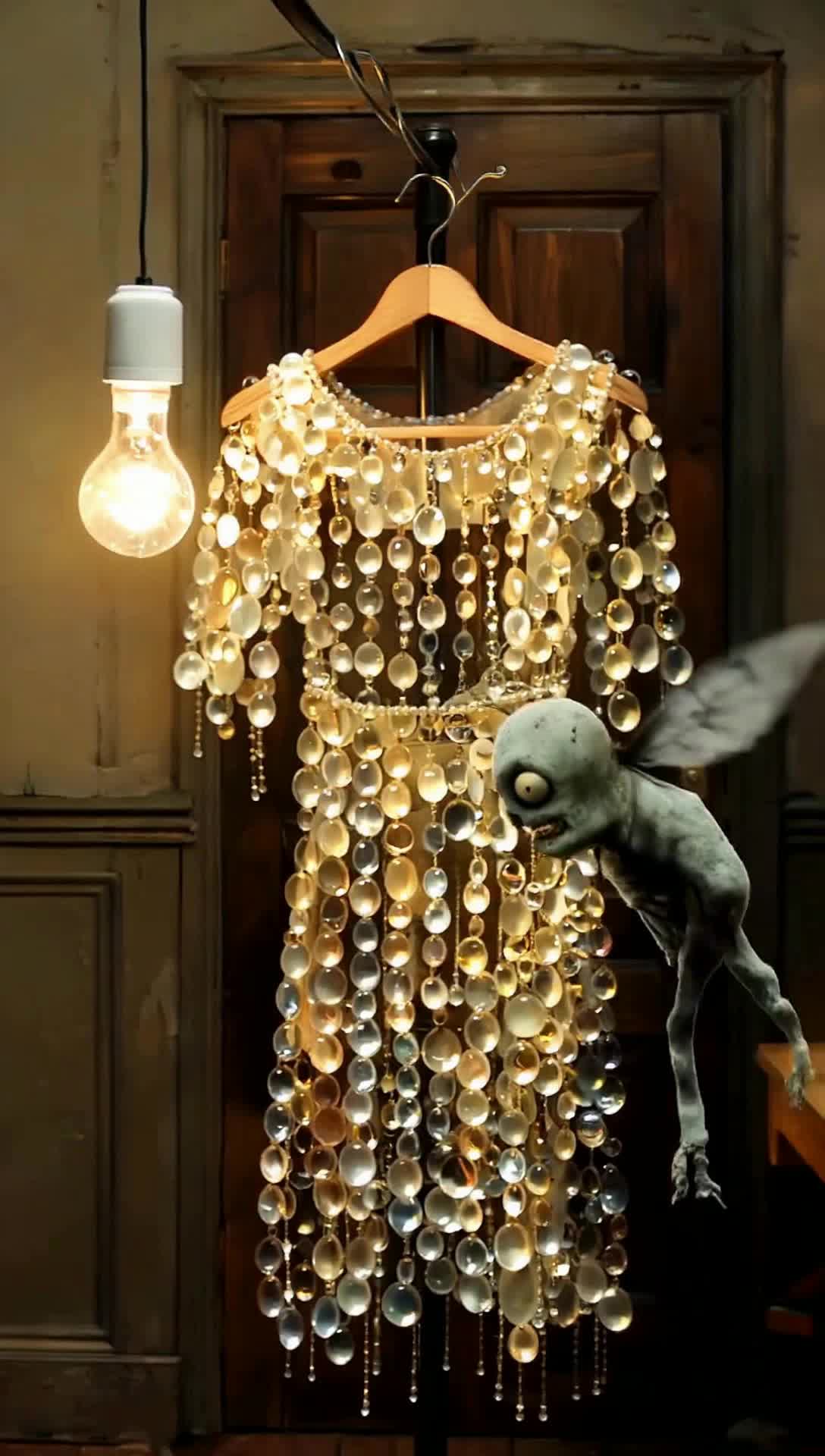 The most beautiful glass bead dress ever is left hanging in a closet of forgotten memories as a zombie moth throws itself into the lightbulb in a quick little explosion casting the shimmering dream into sparkleless dark