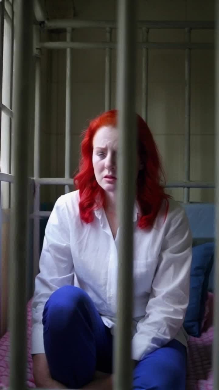 a beautiful redhead woman in a padded cell in a psych ward