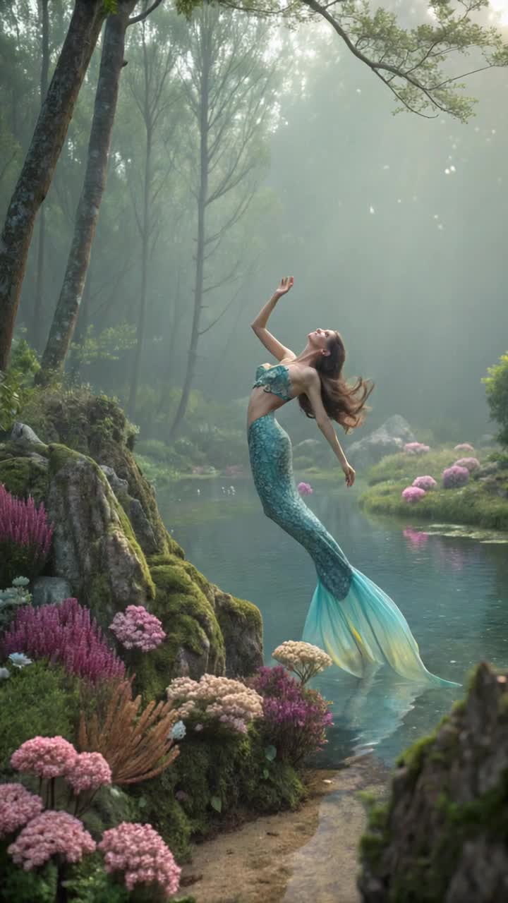 A mermaid with long fins dances in a forest field near a pond, surrounded by flowers and coral formations